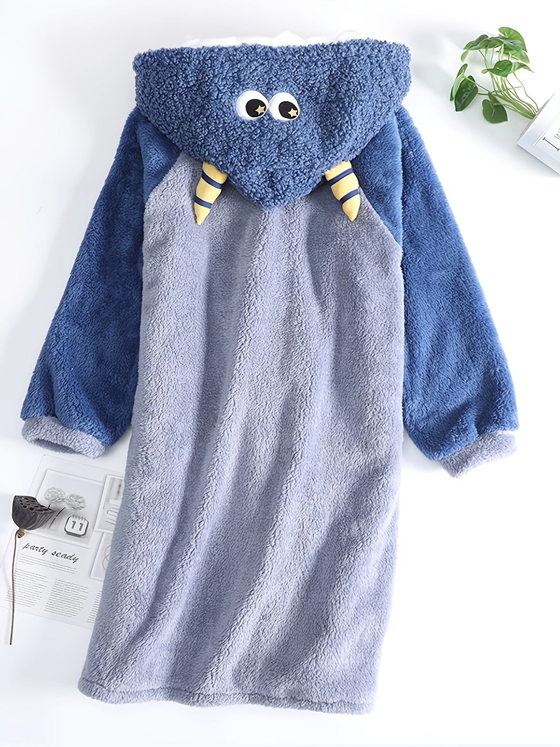 Fuzzy Cartoon Hooded Night Robe with Pockets