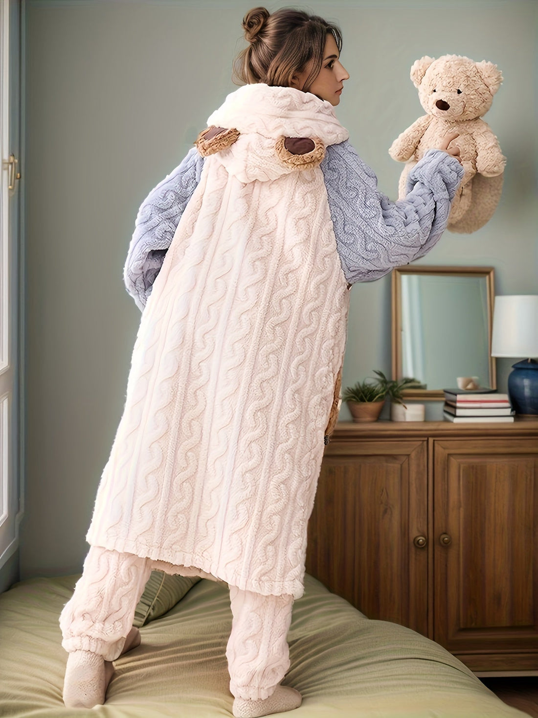 Cartoon Bear Plush Hooded Night Robe